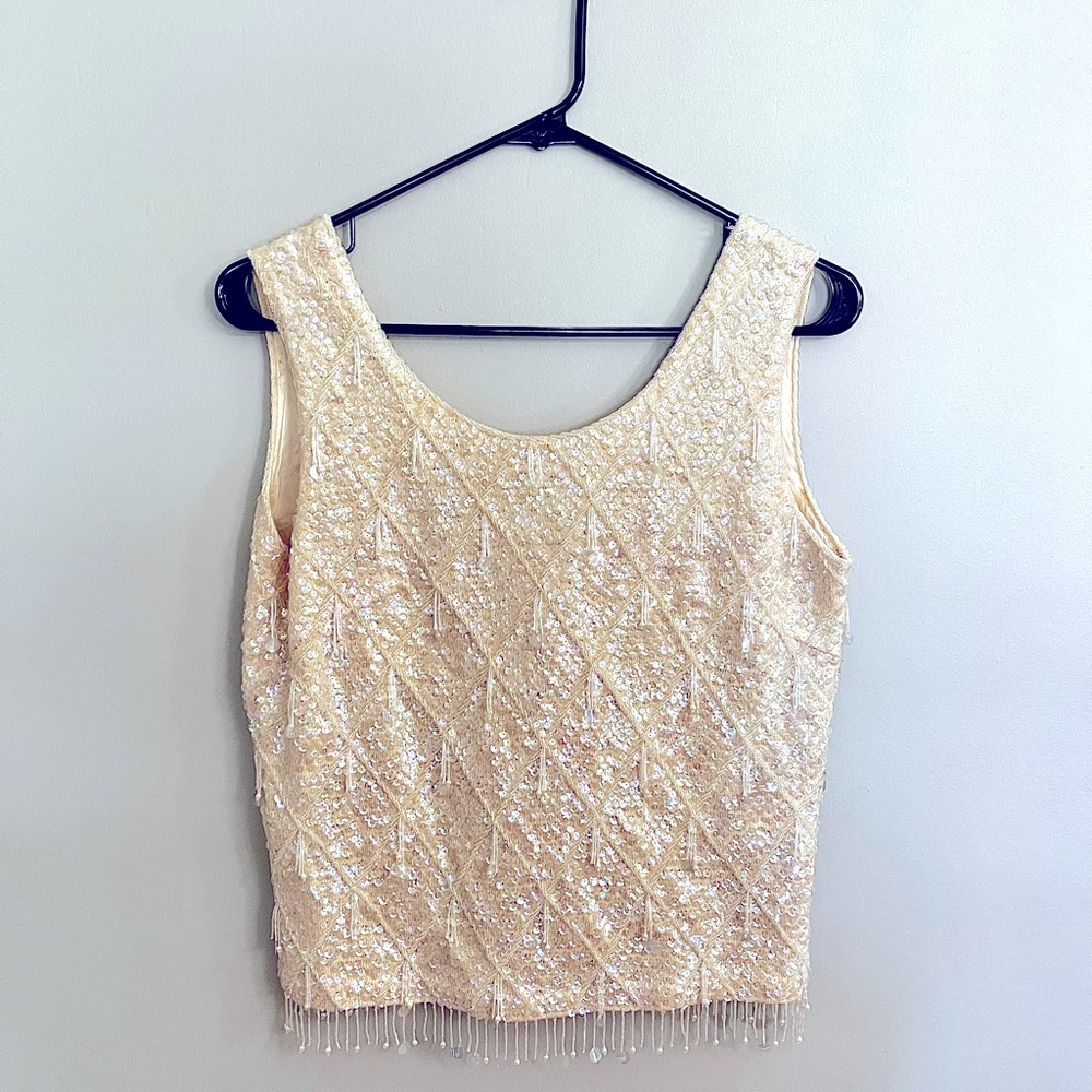 Vintage 60s Iridescent Sequin & Beaded Woven Sleeveless Top🪩